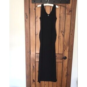 Old Navy Maternity Dress Women M Black Maxi Ruched Side Sleeveless V-neck Modern